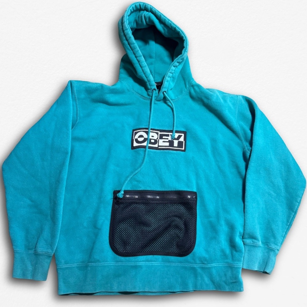 FLAWED Obey Worldwide Teal‎ Hoodie Mesh Zip Pocket Pullover Mens Small Turquoise